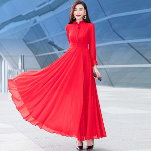 雪纺红色长袖 高端白色修身 新款 气质减龄大摆长裙 连衣裙女2024夏季