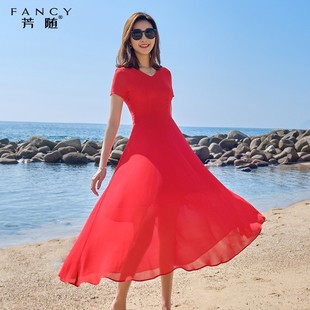 小个子超仙三亚海边旅游度假v领连衣裙 夏季 红色沙滩裙女2024新款