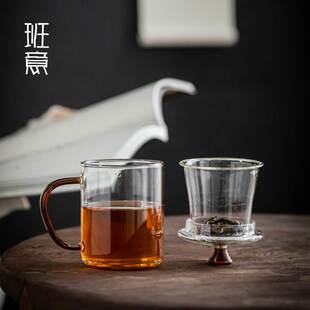 耐热玻璃茶杯带把茶水分离办公室泡花茶杯过滤带盖喝茶杯子 竹官