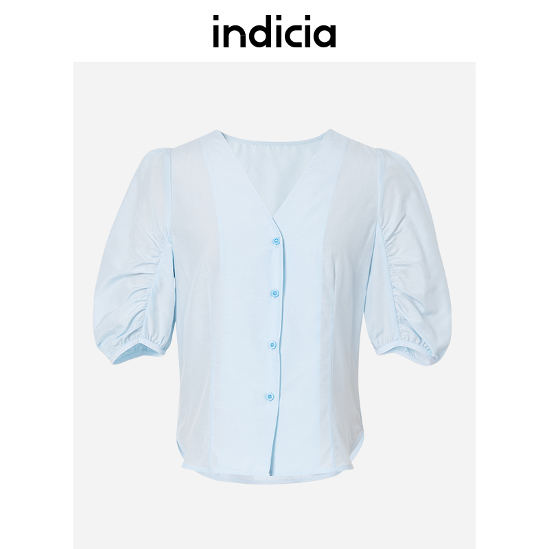 indicia 标记女装 夏季 5B305SY165 桑蚕丝真丝衬衣蓝色上衣灯笼袖