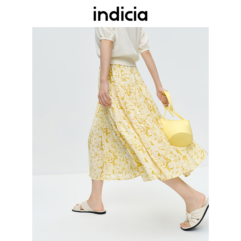 indicia 标记女装 时尚 黄色碎花半身裙女雪纺a字型仙女裙子夏季