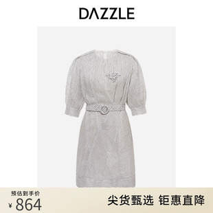 DAZZLE地素奥莱 饰亚麻混纺条纹短袖 贴布装 连衣裙女 春夏法式