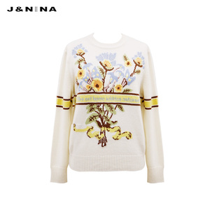刺绣圆领羊毛羊绒衫 新款 女时尚 商场同款 上衣冬季 JNINA新款