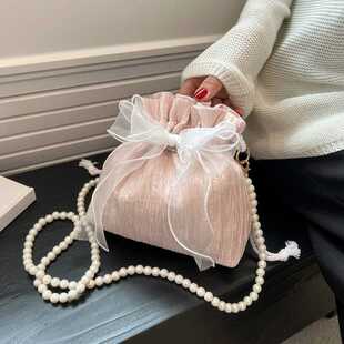 甜美蝴蝶结水桶包小众百搭斜挎包 潮时尚 仙女珍珠包包女2022新款