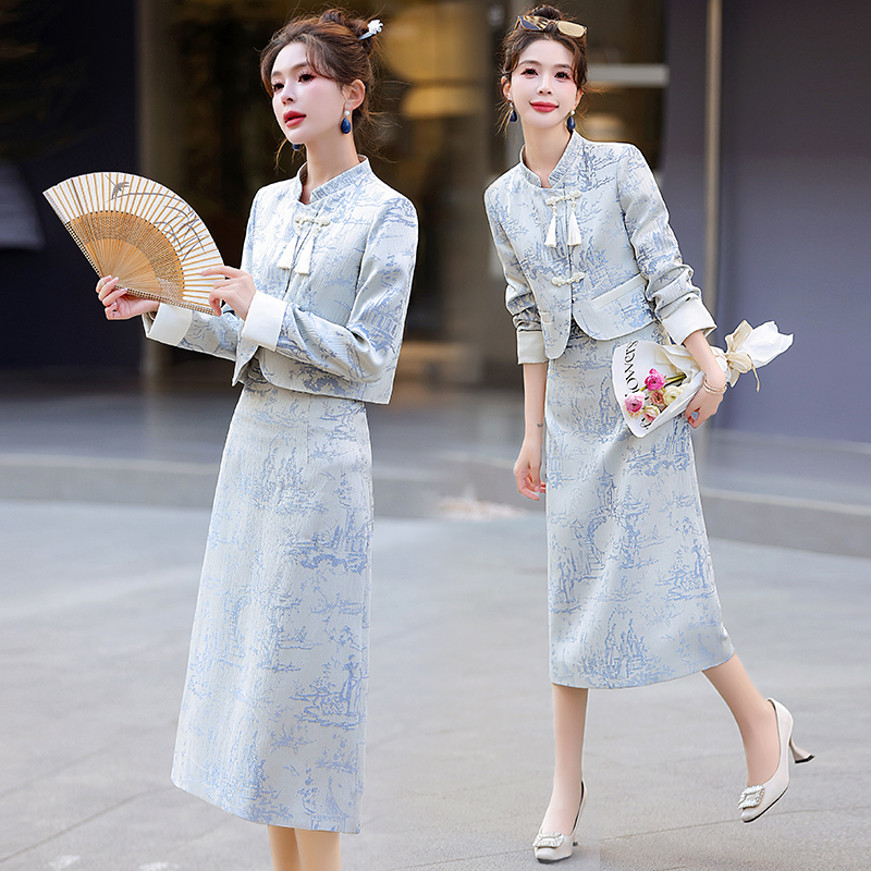 新中式 新款 裙女2024春装 时髦气质洋气国风裙子两件套 改良旗袍套装