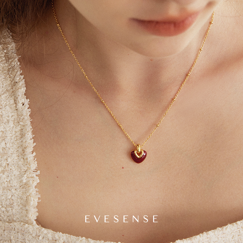 简约过年锁骨链 EVESENSE原创告白系列红色珐琅爱心项链高级感法式