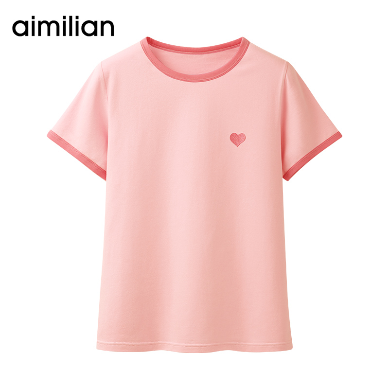艾米恋纯棉撞色短袖 修身 爱心刺绣粉色体恤正肩半袖 上衣 t恤女夏季