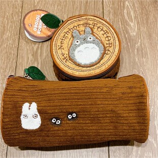 日本可爱周边龙猫笔袋卡通刺绣圆形收纳包学生大容量灯芯绒文具盒