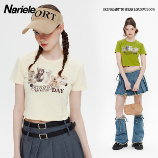 新款 Nariele 上衣 短袖 正品 圆领小熊t恤女小个子露脐辣妹短款 夏季