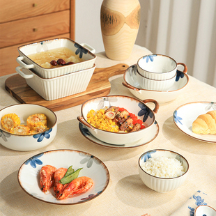 舍里墨蓝陶瓷盘子碗家用2023新款 日式 双耳汤碗米饭碗浅盘餐具套装