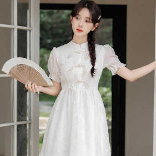新中式 小香风泡泡袖 超仙度假风气质长裙 白色盘扣连衣裙女2024夏季