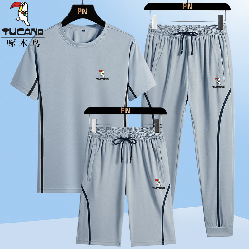 跑步健身三件套 冰丝薄款 短袖 t恤男短裤 男夏季 啄木鸟运动休闲套装