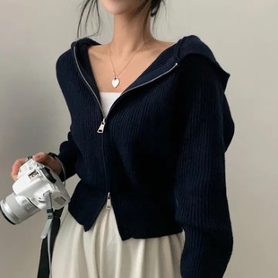 毛衣外套 减龄设计感双拉链连帽针织开衫 修身 短款 法式 韩国chic秋季