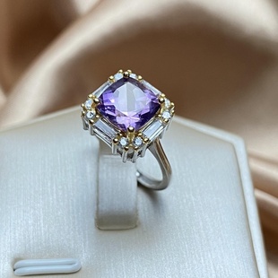 17mm活口 精美少女款 S925银镶嵌巴西原矿纯天然紫水晶戒指指环时尚