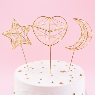 饰 铁艺镂空珍珠立体五角星插件月亮爱心插牌烘焙甜品台生日蛋糕装