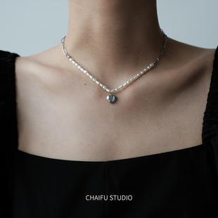 INS复古简约不规则珍珠锆石爱心钛钢项链颈链 X279 柴夫杂货铺