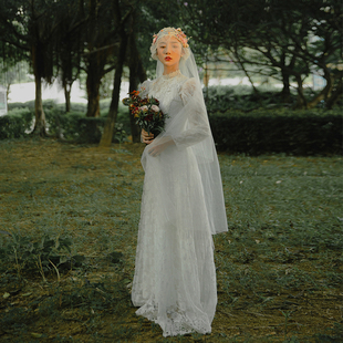 法式 2024新款 超仙蕾丝新娘结婚出门礼服春 旅拍轻婚纱复古森系长袖