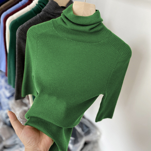 毛衣洋气2024新款 高领绿色中袖 五分袖 打底衫 针织衫 女春秋内搭修身