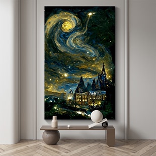 饰画玄关轻奢肌理挂画 霍格沃兹城堡风景油画星月夜客厅抽象手绘装