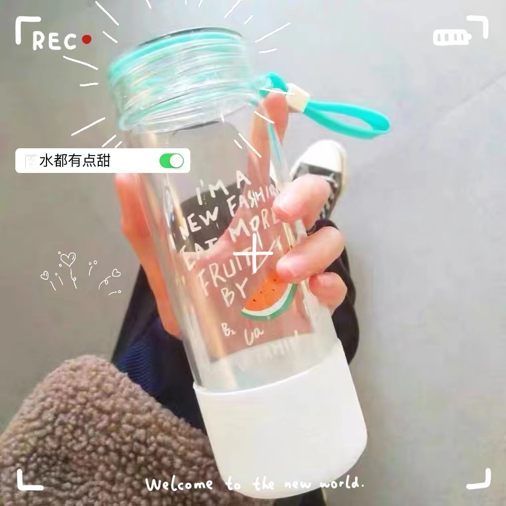 创意玻璃杯便携可爱学生水杯女随手杯韩国柠檬杯带盖茶杯情侣杯子