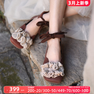 Artmu阿木原创复古手工女鞋 设计感小众真皮方头花朵单鞋 2024新款