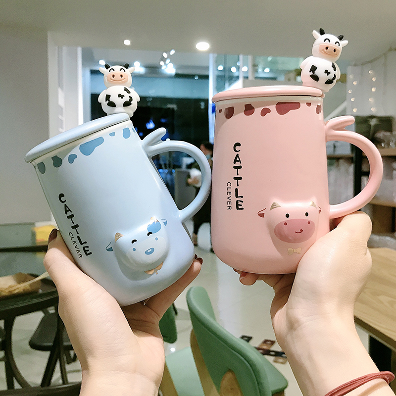 可爱卡通超萌男女学生陶瓷马克杯家用上学喝水牛奶咖啡杯带盖 韩式