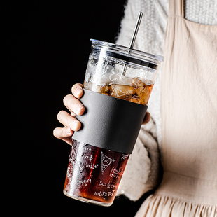 咖啡奶茶1000ml透明喝水杯子 超大容量耐高温玻璃吸管杯女生冰美式