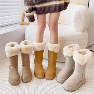 中筒棉靴潮 皮毛一体加绒加厚棉鞋 厚底雪地靴女内增高2023年冬季