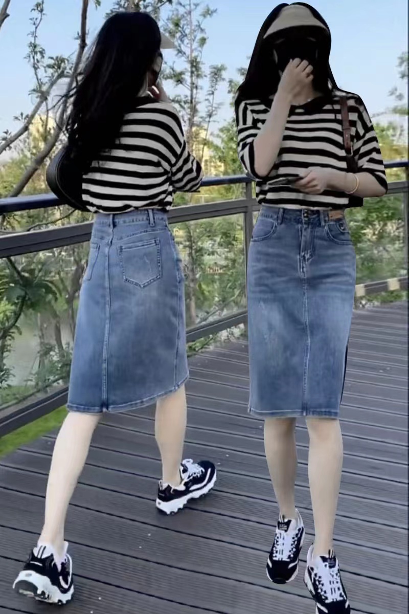 显瘦休闲两件套 条纹T恤牛仔半身裙套装 女2024夏新款 韩版 短袖 爆款