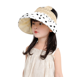 空顶帽女童防晒帽宝宝防紫外线沙滩帽太阳帽大檐波点 儿童帽子夏季