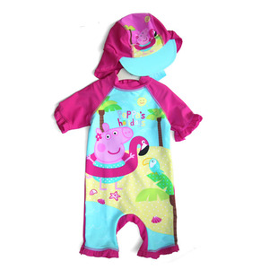 夏天小猪佩奇外贸原单婴儿童泳衣 连体泳装 送遮阳帽 女童佩佩猪