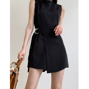 新款 裙套装 女雪纺夏季 黑色连体短裤 工装 连衣裤 高腰显瘦小个子时尚