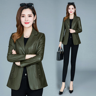 春秋新款 显瘦中年女装 韩版 垂感英伦风PU皮外套 高端大气皮衣短款