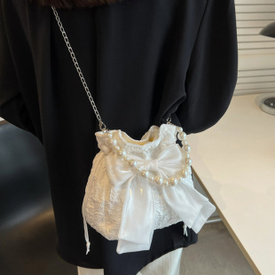 甜美蝴蝶结链条水桶包小众百搭斜挎包 时尚 仙女珍珠包包女2022新款