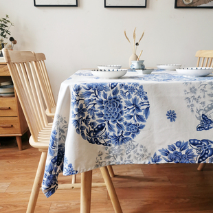 茶几布长方形餐桌布书法禅意台布复古 古典中国风青花瓷桌布中式