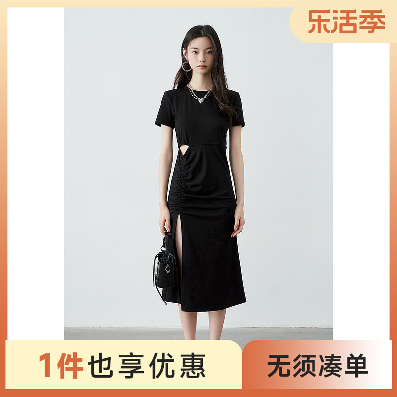 爱客2023夏季 短袖 高级感中长裙高腰韩版 连衣裙气质小黑裙女 新款