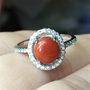 925银指环首饰 天然凉山柿子红火焰纹南红玛瑙戒指女款