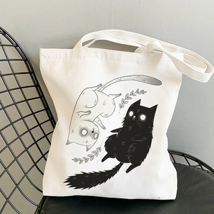 原宿手提包 休闲大容量单肩包可重复使用时尚 卡通猫印花购物女式