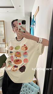YUUUUP春新款 T恤短袖 直喷印花高品质长款 上衣 甜甜圈蛋糕3D数码