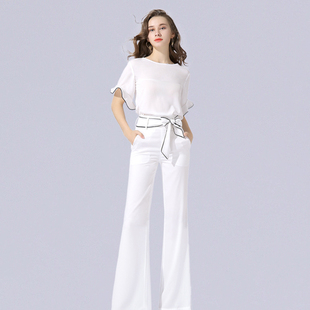 白色女短袖 欧美时尚 套装 欧美气质衬衣裤 雪纺阔腿裤 夏季 荷叶袖
