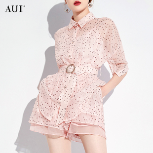 两件套 女夏2023新款 设计感时尚 气质短裤 套装 AUI粉色波点雪纺衬衫