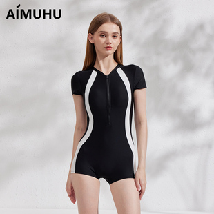 AIMUHU泳衣女款 连体平角2024新款 高级感度假泡温泉游泳衣 冲浪短袖