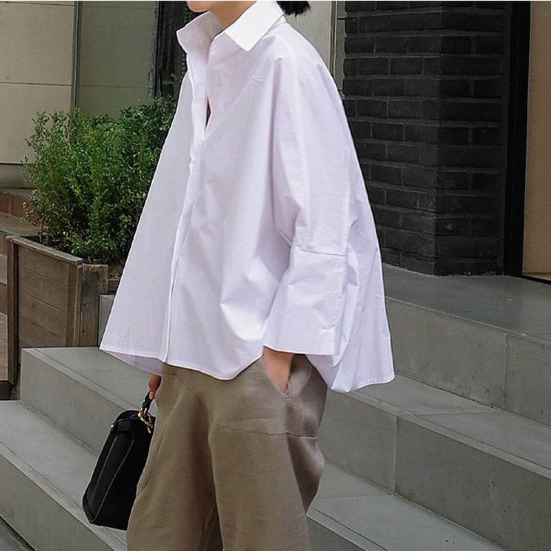 时尚 女韩版 衬衫 长袖 衬衣潮 纯棉白色斗篷型蝙蝠袖 新款 宽松大码 夏装