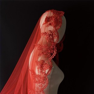 秀禾汉服半透明网纱蒙头拍照 红色头纱新娘红盖头结婚纱复古风中式