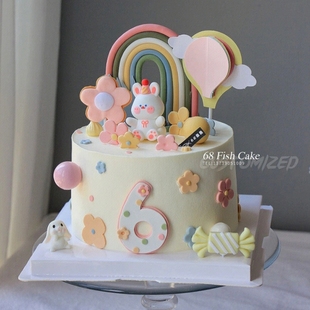 新品 蛋糕装 周岁生日插件 饰翻糖花瓣花朵小兔子彩虹热气球软陶热卖