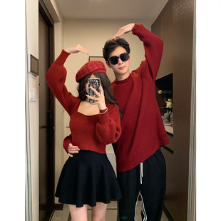 潮 过年新年红色毛衣连衣裙一男一女韩版 法式 针织衫 秋冬新款 情侣装