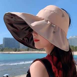 太阳帽 遮脸防紫外线遮阳渔夫帽2021年新款 黑胶空顶防晒帽子女夏季