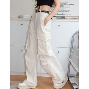 女裤 EFONI 子2023夏季 白色口袋宽松直筒工装 新款 休闲长裤