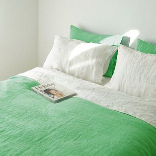 全亚麻四件套高端床上用品双人 白AB版 撞色设计纯净裸睡薄荷绿