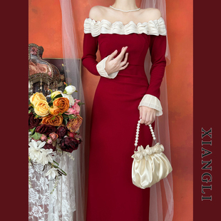 一字肩赫本拼接显瘦气质小礼服中长裙 复古红色连衣裙秋季 巷里法式